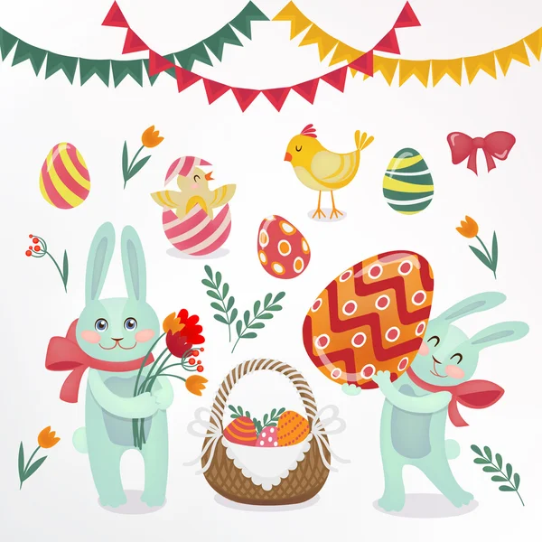 Joyeux ensemble d'éléments de Pâques - lapins, oeufs, poussins, fleurs et guirlandes — Image vectorielle