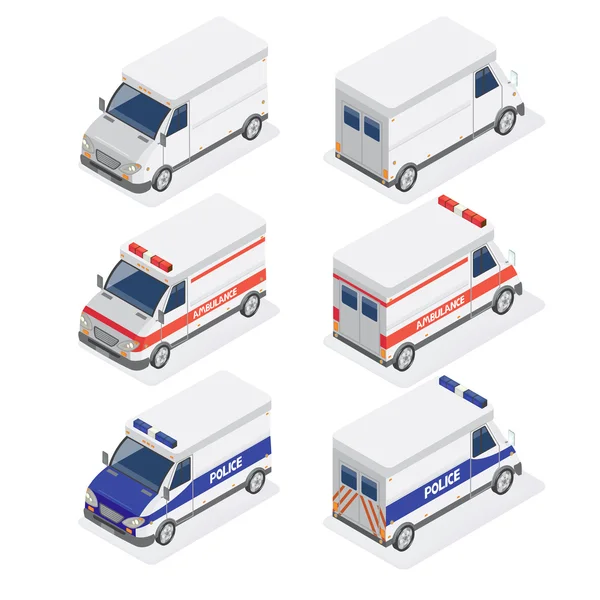 Комплект ізометричного фургонів з машиною швидкої допомоги та поліцейської машини — стоковий вектор