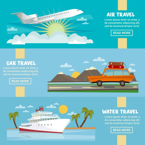Horizontal Travel Banners Set with Airplane, Car and Ship — Stockový vektor