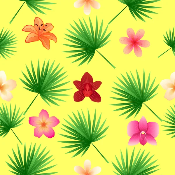 Fleurs tropicales et feuilles motif sans couture — Image vectorielle