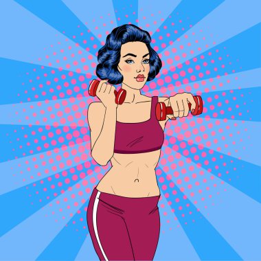 Pop Art Woman Dumbbells ile Egzersizler yapıyor. Fitness, Egzersiz, Yoga, Pilates