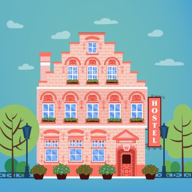 Vintage European City Hostel. Travel Industry Hotel Building Facade