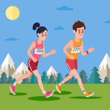 Maraton Koşucuları. Ormanda ve Dağlarda Koşan Erkek ve Kadın