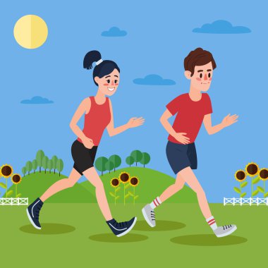 Tepelerde Koşan Erkek ve Kadın ve Ayçiçekleri