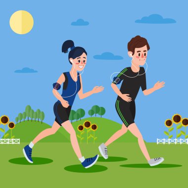 Hills ve Ayçiçekleri Çalışan Kulaklıkile Erkek ve Kadın