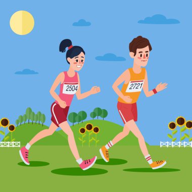 Maraton Koşucuları. Tepelerde Koşan Erkek ve Kadın ve Ayçiçekleri