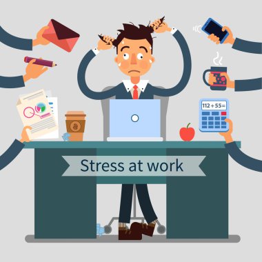 Stressed Man at Work Pulls His Hair with Many Hands Added Different Tasks