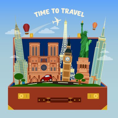 Time To Travel Banner. Suitcase Full of World Famous Places with Airplane in the Sky