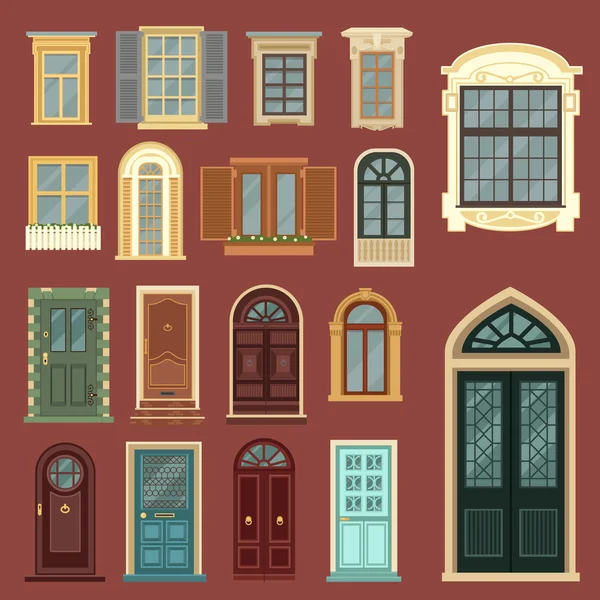 Conjunto arquitectónico de puertas y ventanas vintage europeas — Vector de stock