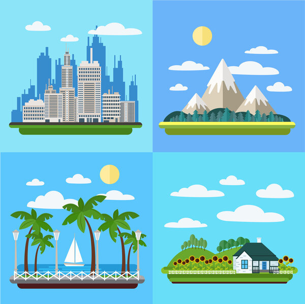 Set of Landscapes - Megapolis, Mountains, Seaside Promenade and Village