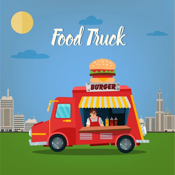 Gatumat koncept med Burger Food Truck och säljare i Megapolis — Stock vektor