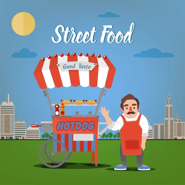 Street Food Concept avec Burger Food Truck et vendeur à Megapolis — Image vectorielle