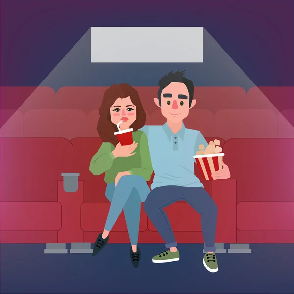 Banner do Tempo do Filme. Casal jovem no cinema com pipoca e refrigerante — Vetor de Stock