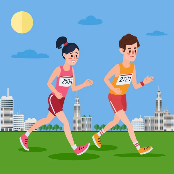 City Marathon Runners. Homem e mulher correndo pela cidade — Vetor de Stock