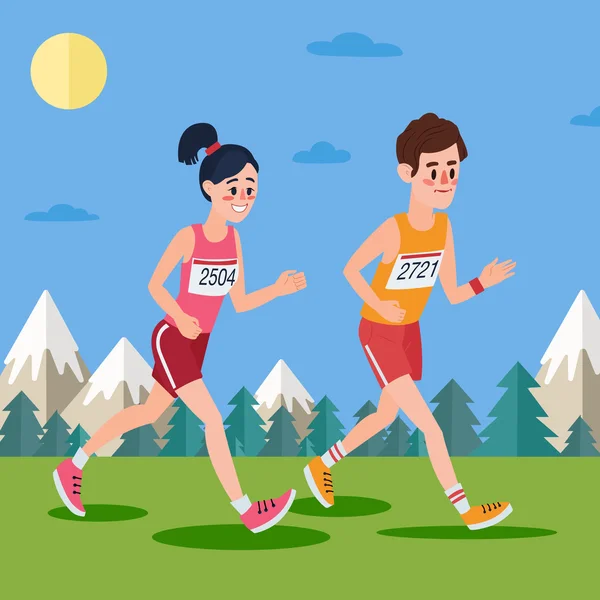 Marathon Runners. Homme et femme courent dans les bois et les montagnes — Image vectorielle