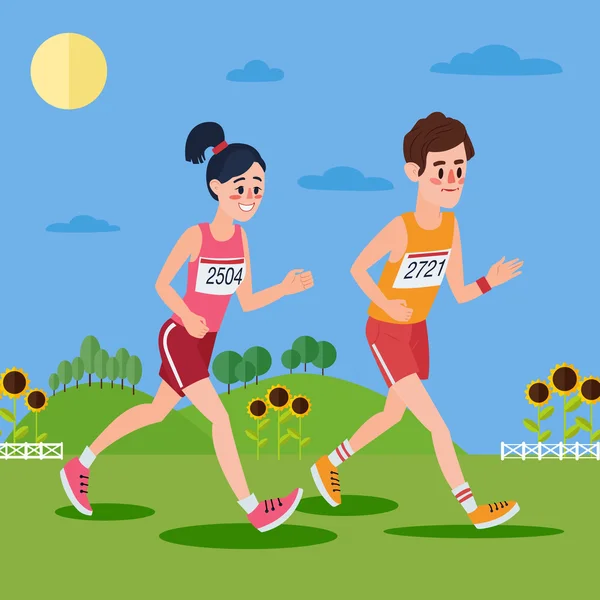 Marathon Runners. Homme et femme courent dans les collines et tournesols — Image vectorielle