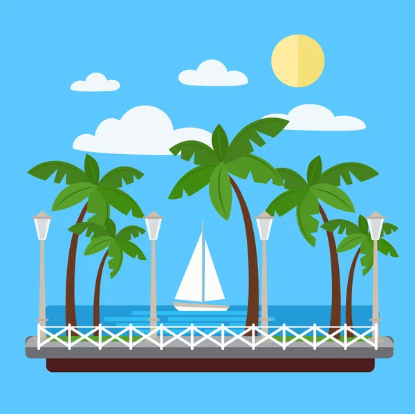 Seaside Promenade with Palm Trees and Yacht — Stock vektor