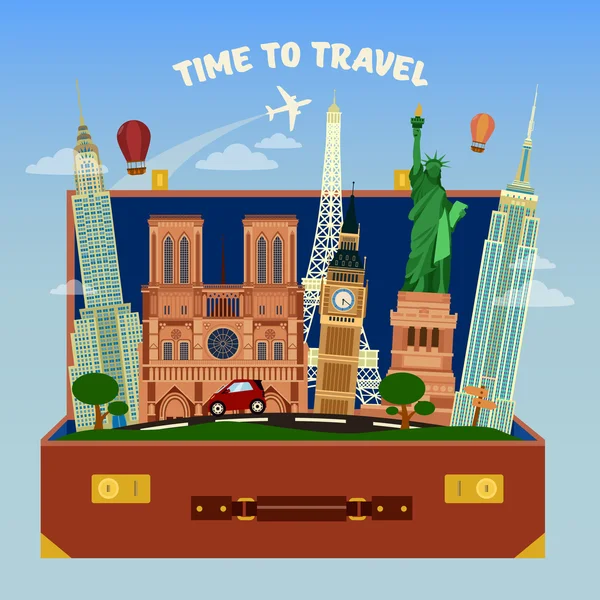 Time To Travel Banner. Valise pleine de lieux célèbres dans le monde entier avec avion dans le ciel — Image vectorielle