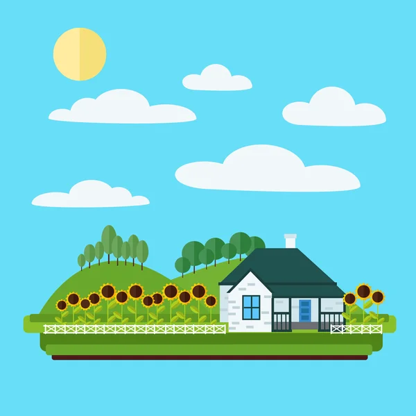 Paysage villageois avec maison, arbres et tournesols — Image vectorielle