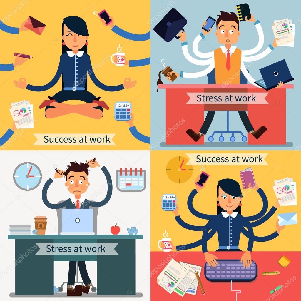 Success and Stress at Work Set of Banners. Man and Woman at Multitasking Work