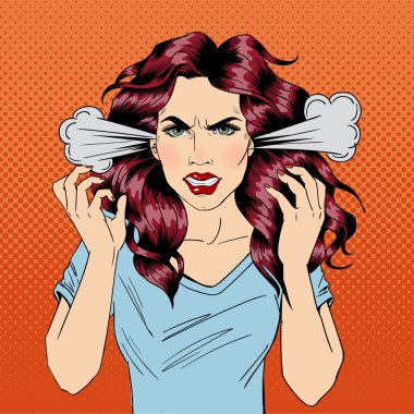 Kızgın Kadın. Öfkeli Kız. Olumsuz Duygular. Kötü günler. Kötü ruh hali. Stresli kadın. Komik arka plan. Pop Art Banner. Vektör çizimi