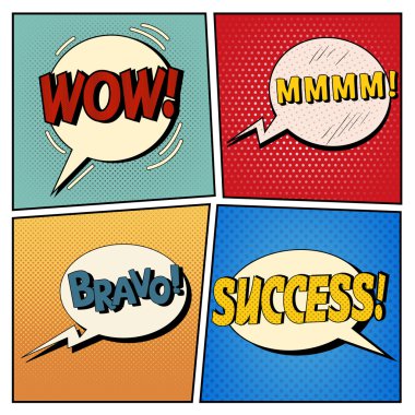 Komik Bubbles Set. İfadeler Wow, Mmmm, Bravo, Başarı. Halftone Arka Plan. Pop Art. Vektör çizimi