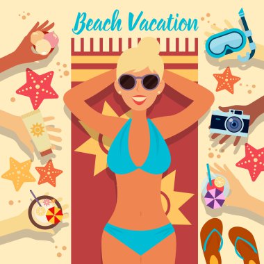 Beach Vacation. Summer Time. Tropical Holidays. Woman on the Beach. Girl Taking a Sunbath. Travel Banner. All Inclusive. Sea Resort. Vector illustration