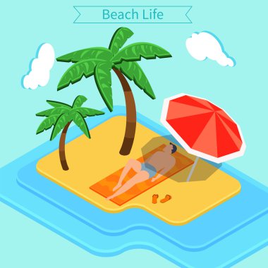 Beach Vacation. Summer Time. Tropical Vacation. Exotic Island. Man on the Beach. Palm Trees. Isometric Concept. Vector illustration