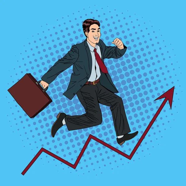 Successful Businessman. Career Growth. Success in Business. Man  at Work. Businessman with Suitcase. Pop Art Banner. Vector illustration — Stock Vector