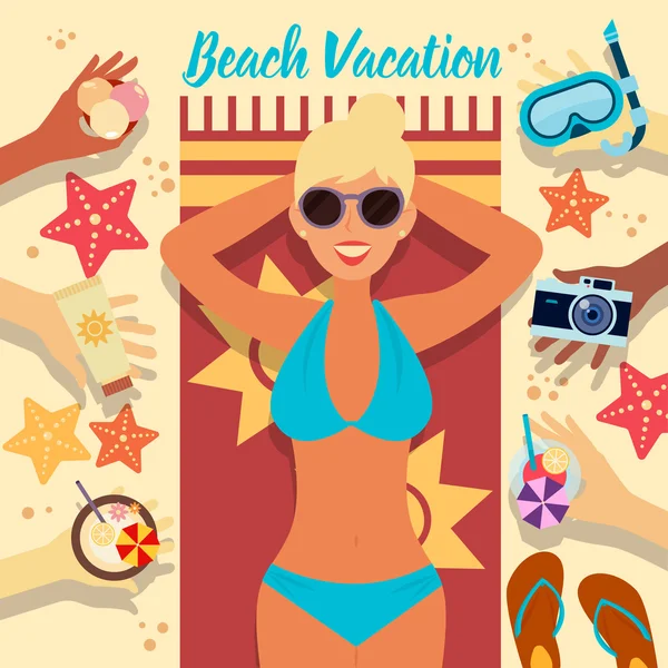 Пляжные каникулы. Летнее время. Тропические праздники. Женщина на пляже. Девушка принимает солнечную ванну. Знамя путешествий. Все включено. Морской курорт. Векторная иллюстрация — стоковый вектор