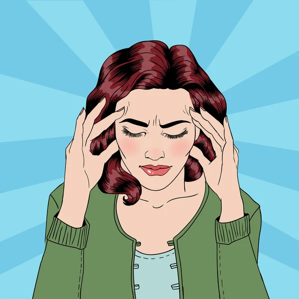 Woman has a Headache. Woman Stress. Stress at Home. Stress at Work. Exhausted Woman. Woman in depression. Painful Feeling. Pop Art Banner. Vector illustration. Comic style — Stock Vector