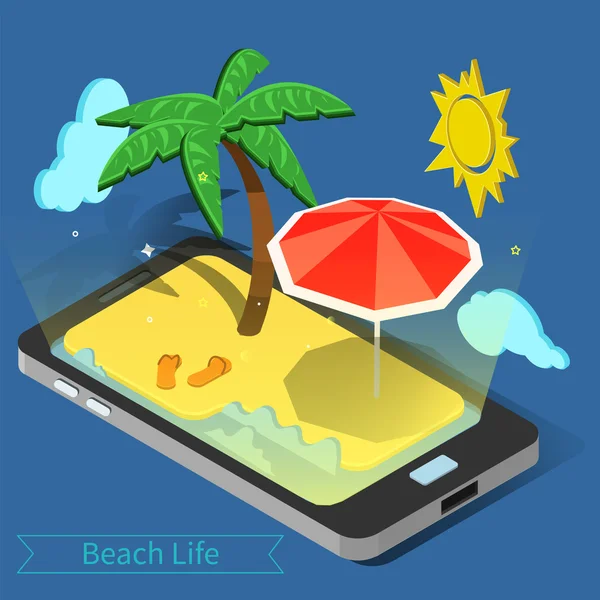 Beach Vacation. Summer Time. Tropical Vacation. Exotic Island. Advertisement Banner. Phone with Tropical Island. Palm Trees. Isometric Concept. Vector illustration