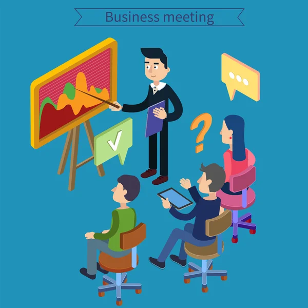 Business Meeting. Team Working. Man with Tablet. Work Planning. Office Life. Training Course. Isometric Concept. Vector illustration