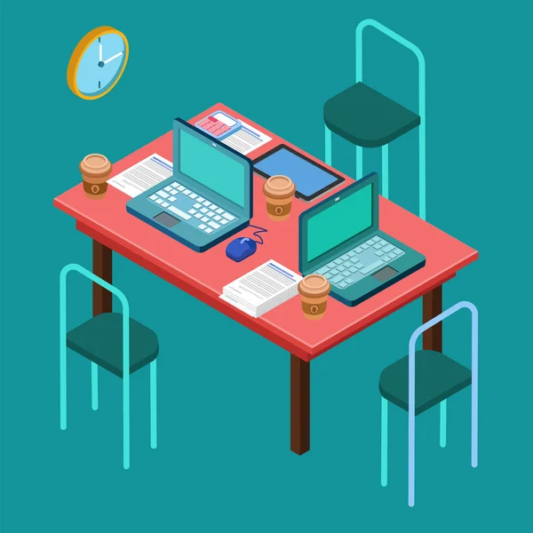 Office Workplace. Modern Workspace. Business Meeting. Team Working. Work Process. Isometric Concept. Laptop, Computer, Tablet. Vector illustration — Stockový vektor