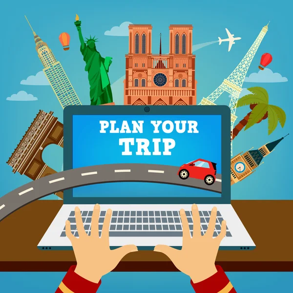 Planeje sua viagem. Banner de viagem. Hora de viajar. Planejamento de férias. Indústria de viagens. Tecnologias de viagens modernas. Reserva Hotel. Ilustração vetorial — Vetor de Stock