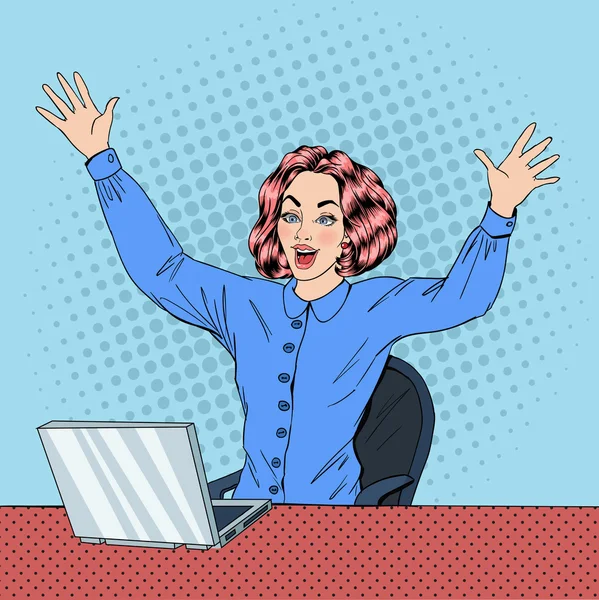 Mujer con Laptop. Mujer de negocios. Mujer en el trabajo. Mujer feliz . — Vector de stock