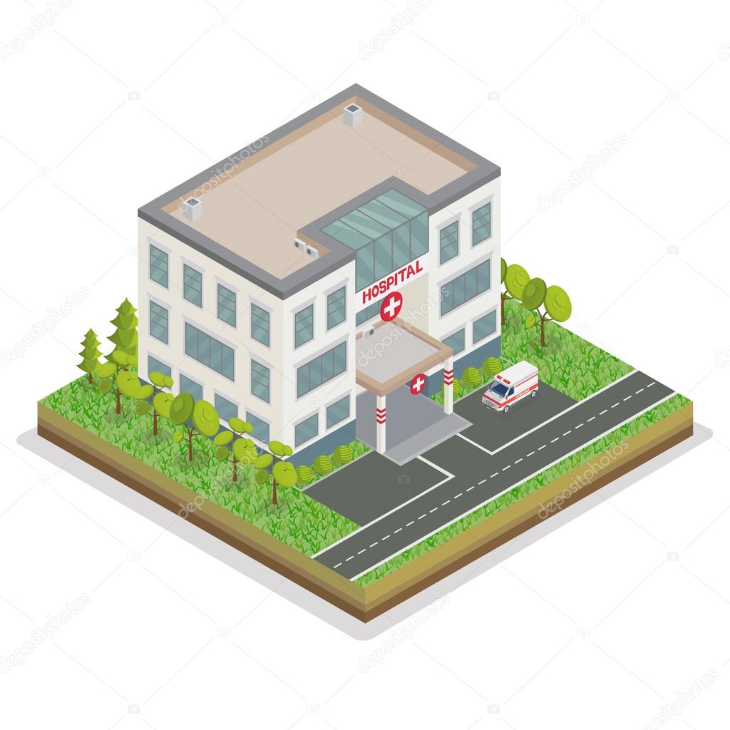 Hospital Building. City Hospital. Medical Center. Isometric Concept. Ambulance Car. Emergency Car. Vector illustration
