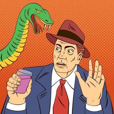 Bir kadeh şaraplı adam. İçmeyi bırak. Alkol Yılanı. Alkol bağımlılığı. Sosyal Reklamcılık. Pop Art Banner