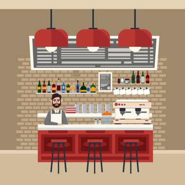 Cafe Interior. Different Beverages. Coffee Maker. Barman. Bar Table. European Cafe. Bistro, Restaurant, Coffee House