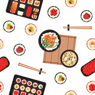 Japon Yemekleri. Deniz Ürünleri. Suşi arka plan. Kusursuz Desen. Farklı Rulo, Çorba ve Pirinç ile Suşi
