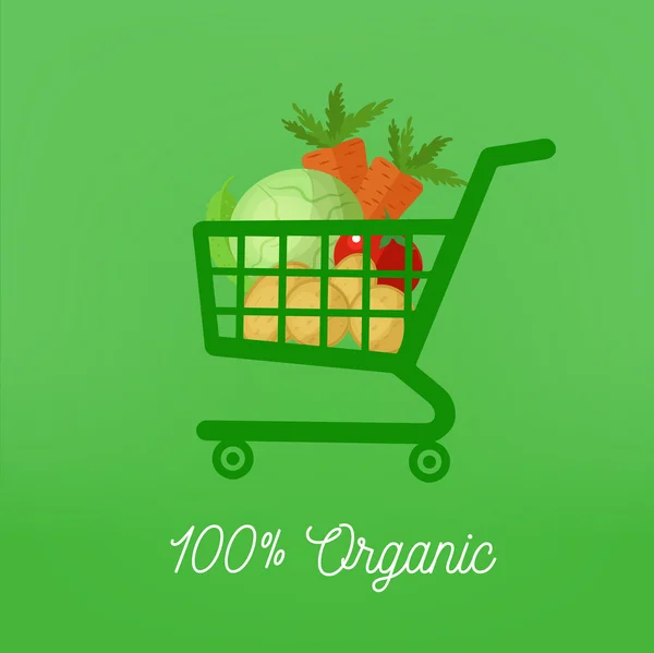 Comida orgánica. Comida saludable. Hortalizas en Carro de Compras. Tomate, patatas, col, zanahoria. 100% orgánico — Archivo Imágenes Vectoriales