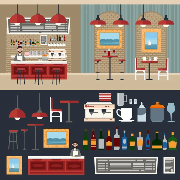 Café Interior. Bebidas diferentes. Cafetera. Barman. Mesa de bar. Café Europeo. Bistro, Restaurante, Cafetería — Vector de stock