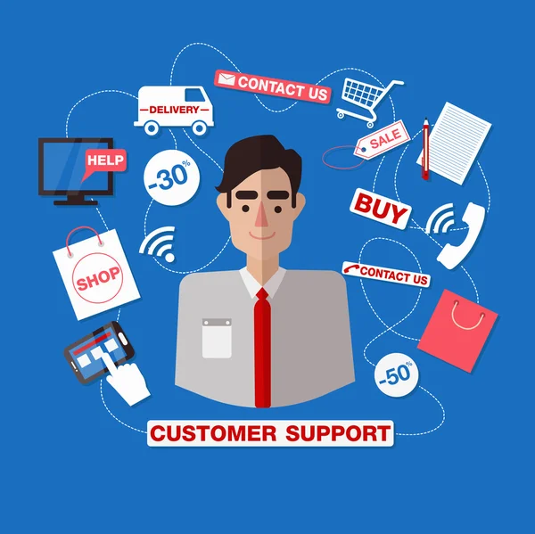 Kundenservice. Online-Service. Kundenbetreuung. Support-Call-Center. Mann Assistent. Hilfe — Stockvektor