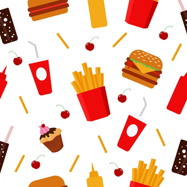 Fast Food. Lebensmittel-Hintergrund. ungesunde Ernährung. Süßigkeiten, Pommes, Burger, Limo. Gesundheitsversorgung. nahtloses Muster. Bistro-Essen — Stockvektor