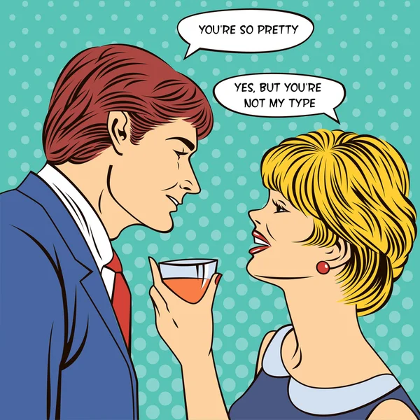 Flirting para. Kobieta picie szampana. Człowiek flirtuje z kobietą. Kobieta ze szkłem. Pop art banner — Wektor stockowy