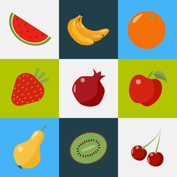 Σετ φρούτων. Υγιεινό φαγητό. Χορτοφαγική φαγητό. Υγιής τρόπος ζωής. Διαφορετικά φρούτα. Καρπούζι, μπανάνα, πορτοκάλι, φράουλα, ρόδι, αχλάδι, ακτινίδιο, κεράσι. Σύνολο εικονιδίων. — Διανυσματικό Αρχείο