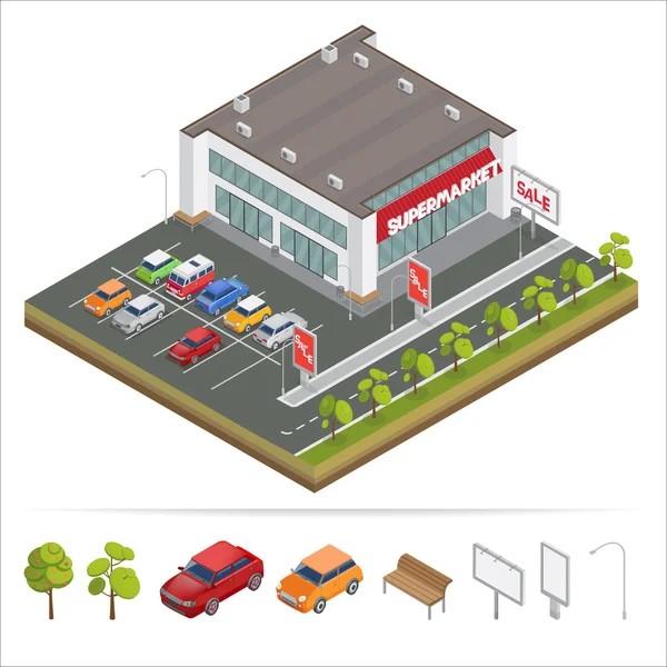 Isometrisk stormarknad. Bilparkering. City supermarket. Isometrisk bil. Köpcentrum. Supermarket Building. Shopping Center. Isometrisk byggnad — Stock vektor