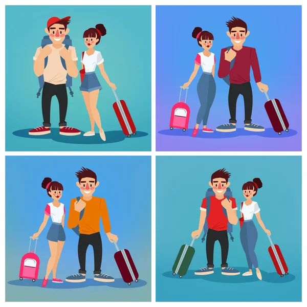 Знамя путешествий. Туризм. Активные люди. Девушка с багажом. Человек с багажом. Туристы с багажом — стоковый вектор