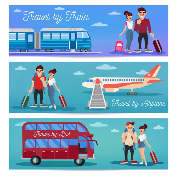 Bus Travel. Viaje en tren. Avión de viaje. Banner de viaje. Industria turística. Gente activa. Chica con equipaje. Bus Tour. Hombre con equipaje — Vector de stock