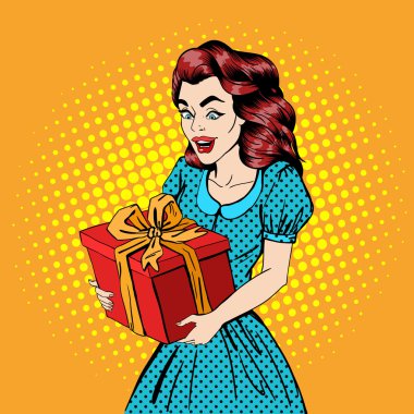 Woman with Gift. Excited Woman. Happy Woman. Girl with Big Gift Box. Pop Art Banner
